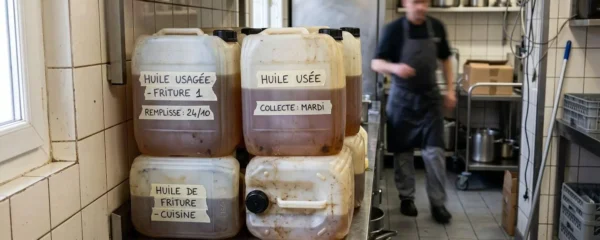 Bidons transparents d'huile de friture usagée étiquetés en français, empilés dans une réserve de restaurant propre avec carrelage moderne