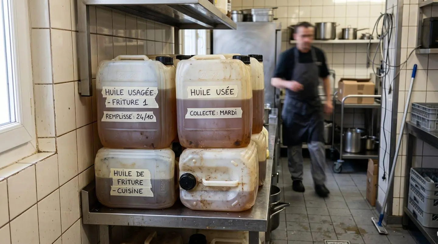 Bidons transparents d'huile de friture usagée étiquetés en français, empilés dans une réserve de restaurant propre avec carrelage moderne