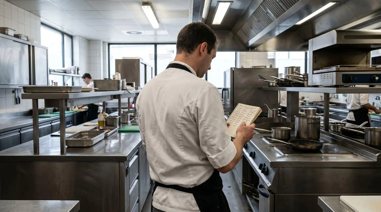 Chef de dos consultant un cahier avec planning de remplacement d'huile de friture dans une cuisine professionnelle en acier inoxydable moderne