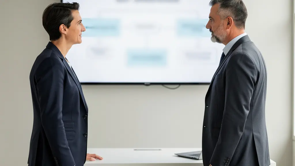 Consultant présentant diagramme de processus RSE à dirigeant dans bureau moderne