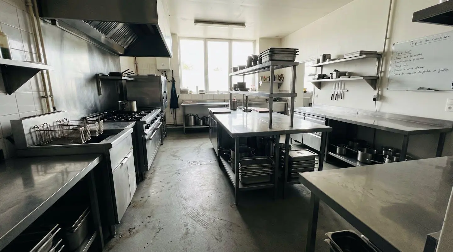 Cuisine de restaurant professionnelle vide avec plans de travail en inox, friteuse industrielle et sol carrelé propre, lumière naturelle abondante