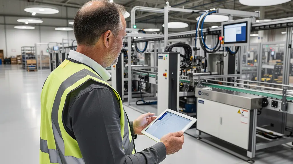 Directeur industriel observant ligne de production moderne dans contexte démarche RSE