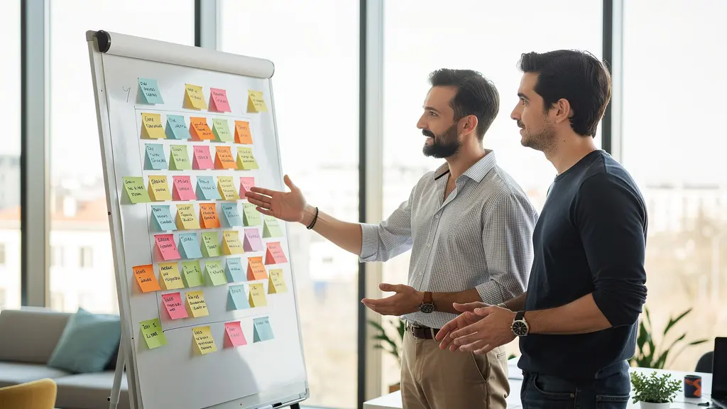 Professionnels en session de travail collaborative autour d'un tableau avec post-its colorés