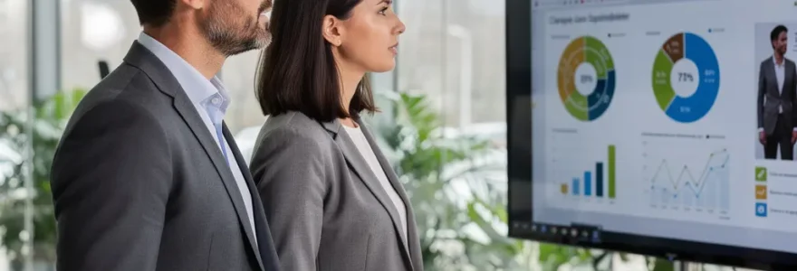 Professionnels discutant stratégie RSE devant écran de présentation en salle de réunion moderne